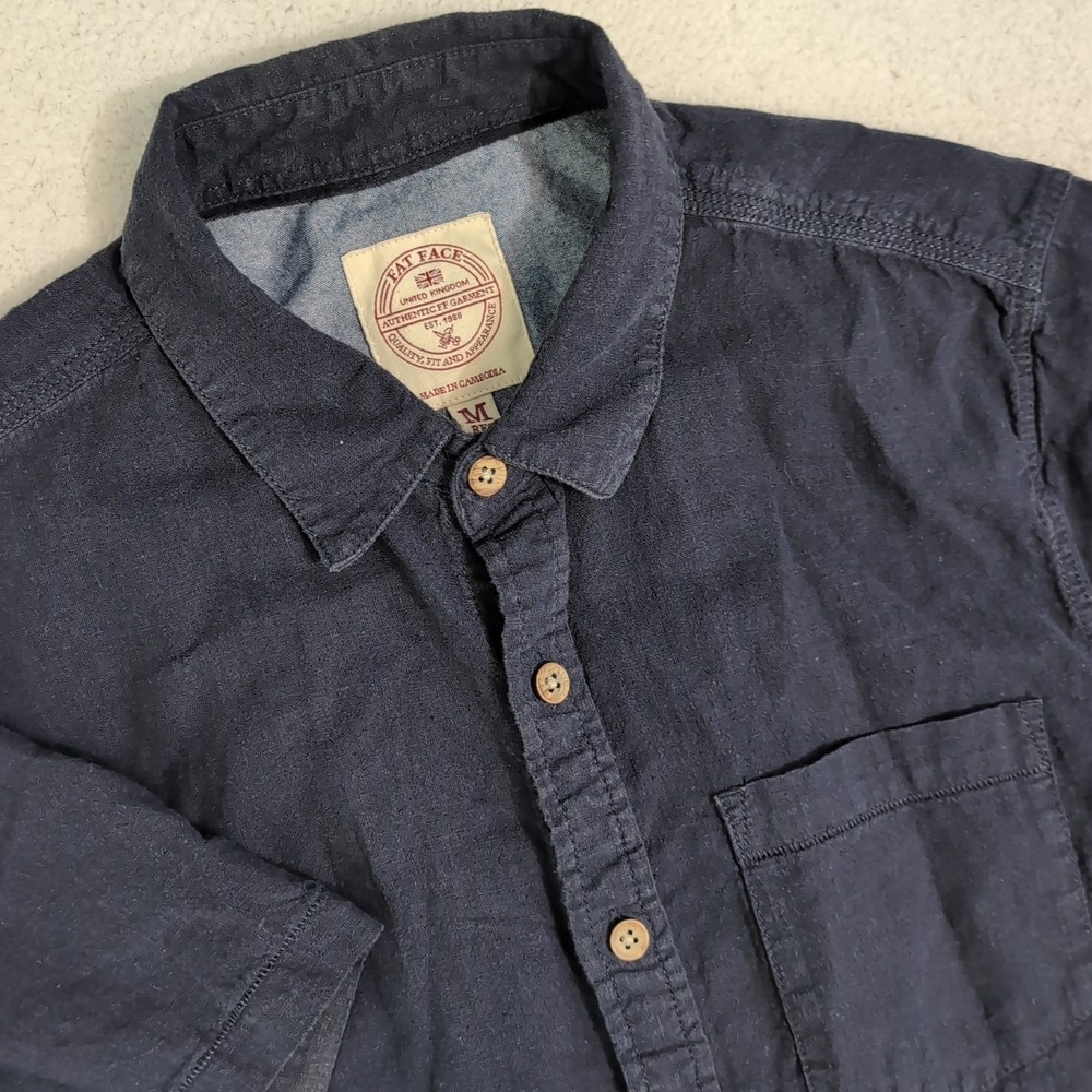 Fat‎ Face Shirt Mens Medium Navy Blue Linen Cotton Blend Button Top Lightweight